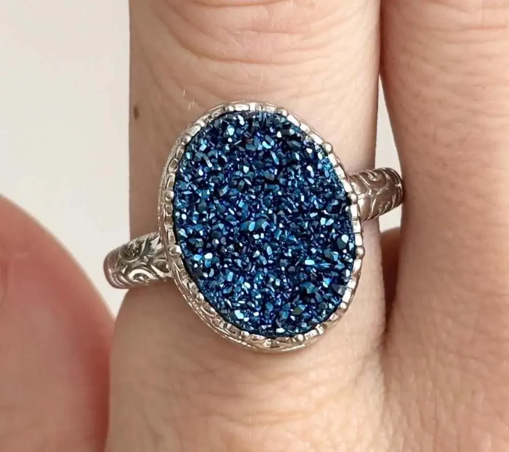 Blue Glitter Druzy Quartz Gemstone Bezel Set Sterling Silver 925 Vintage Ring -